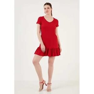 Flamingo Red Short Sleeve‎ Lace Up Back Ruffle Hem Dress Women's Size L